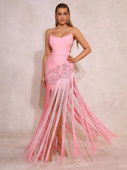 3D Flower Diamond Fringe Tight Fit Gown