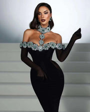 Rhinestone-embellished bandage evening dress with matching gloves | Fiona Secret Closet