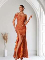 One Shoulder Orange Sequin Evening Gown with Ruffles and High Slit