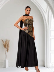 Asymmetric Black Sequin Evening Gown with High Slit