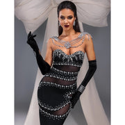 Strapless bandage dress with rhinestone and mesh patchwork details | Fiona Secret Closet