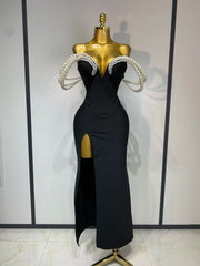 Slim evening dress with elegant pearl-chain detailing | Fiona Secret Closet
