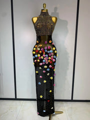 Long Evening Dress with Rhinestones, Floral Appliqués & See-Through Design