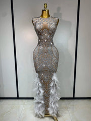 rhinestone feather mesh evening dress