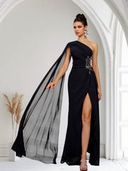 Appliques Ruched Black Chiffon Evening Gown with High Slit