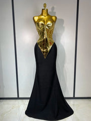Gold Patent Leather Strapless Top & Black Fish Tail Hip set
