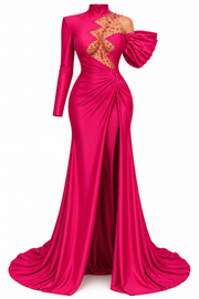 Fuchsia Crystal Illusion Evening Gown with asymmetrical neckline and crystal mesh