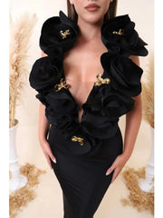 V-Neck Black Flower Bandage Maxi Dress Elegant Evening Gown