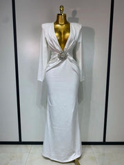 Deep V Diamond Button Acetate Satin Long-Sleeve Evening Dress