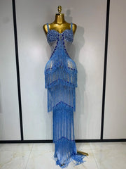 Sparkly Rhinestone Fringe Transparent Evening Dress