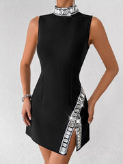 Sleeveless Bandage Dress with Stand Collar, Diamond Splicing & High Split