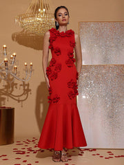 Bettergirl French 3D Flower Elegant Red Long Evening Dress