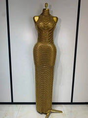 Gold Sparkly Rhinestone Mesh Evening Dress