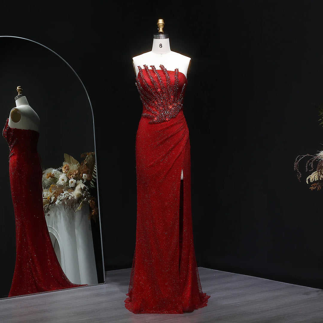 Luxury Red Mermaid Evening Dress Sequin High Slit Prom Gown – Fiona Secret Closet