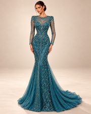 Amara gown Teal on warm beige backdrop