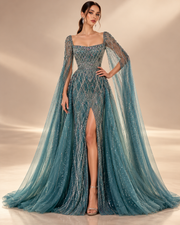 Valencia crystal cape gown in teal
