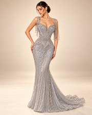 Rosalie gown Silver on warm beige backdrop