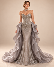 The Ophelia Crystal Overskirt Evening Gown - Silver front warm beige studio photograph