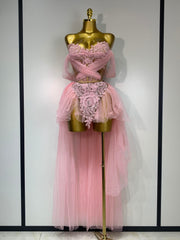 Strapless Pink Mesh 2-Piece Set Prom Gown
