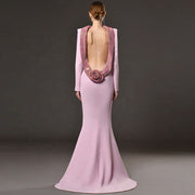 Backless Rhinestone Diamond Flower Evening Dress