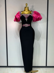 Puff Sleeve Square Collar Crystal Bodycon Long Bandage Dress