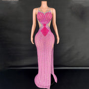 Sparkly Rhinestone Pink Backless Formal Evening Dress