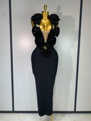 Long Sleeveless Bodycon Bandage Dress with 3D Flower Detail