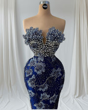Sapphire Bloom – Long Blue Dress with Floral Design & Embellishments