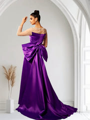 Satin Evening Gown With Pearls & Bow Train