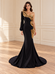Black & Gold Sculpted One-Shoulder Gown