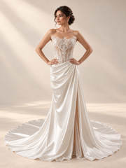 Strapless Lace & Draped Satin Bridal Gown — RTW-50006 — full-length front in warm cream studio