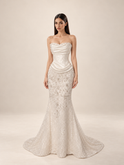 Draped Satin Corset & Sequin Mermaid Bridal Gown — VNCC-789, studio view 1