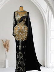 Midnight Cascade – Long Silver Lace Dress with Black Details and Drape