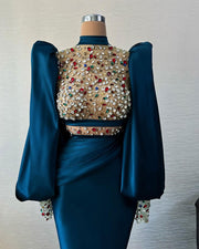 Regal Radiance – Long Royal Blue Dress with Colorful Embellishment