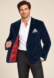 Navy Velvet Blazer With Silk Lining And Pocket Scarf