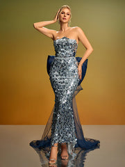 Women’s silver sequin gown with blue underskirt – USA evening dress