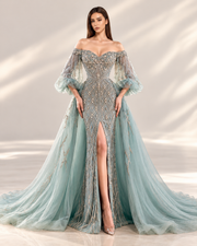 Solène off shoulder crystal gown aqua AI styled image