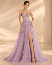 Elara crystal off-shoulder evening gown in lavender