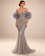 The Dahlia Crystal Ruffle Evening Gown - Silver warm beige studio photograph