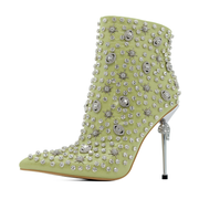 Luxury Rhinestone Ankle Boots – Pointed Toe with Skull Heel