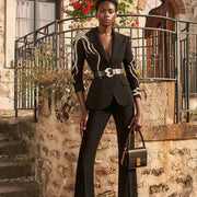 Beaded Blazer & Pants Two-Piece Suit – Women’s Formal Belted Set