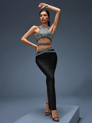 Rhinestone Top & Bandage Maxi Skirt Set