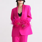 Feather-Detail Celebrity Runway Blazer & Pants Set