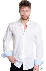 Mizumi Couture Kama Slim-Fit White & Blue Dress Shirt – Premium Italian Cotton, Modern Office & Evening Wear