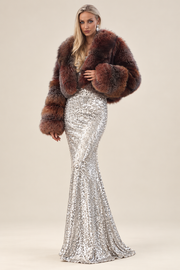 JFB1-21096 Chocolate Burgundy fur jacket, angle view