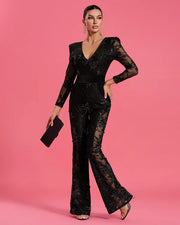 Lace Floral Bead-Embellished V-Neck Jumpsuit