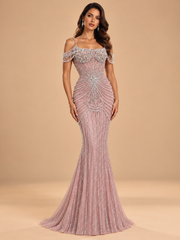 LD11435 Pink crystal couture gown on cream background