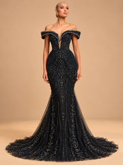 LD11459 Black crystal couture gown on cream background
