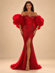 LD21161 Red couture evening gown cream studio