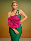 Pleated Flower Crystal Bandage Midi Dress